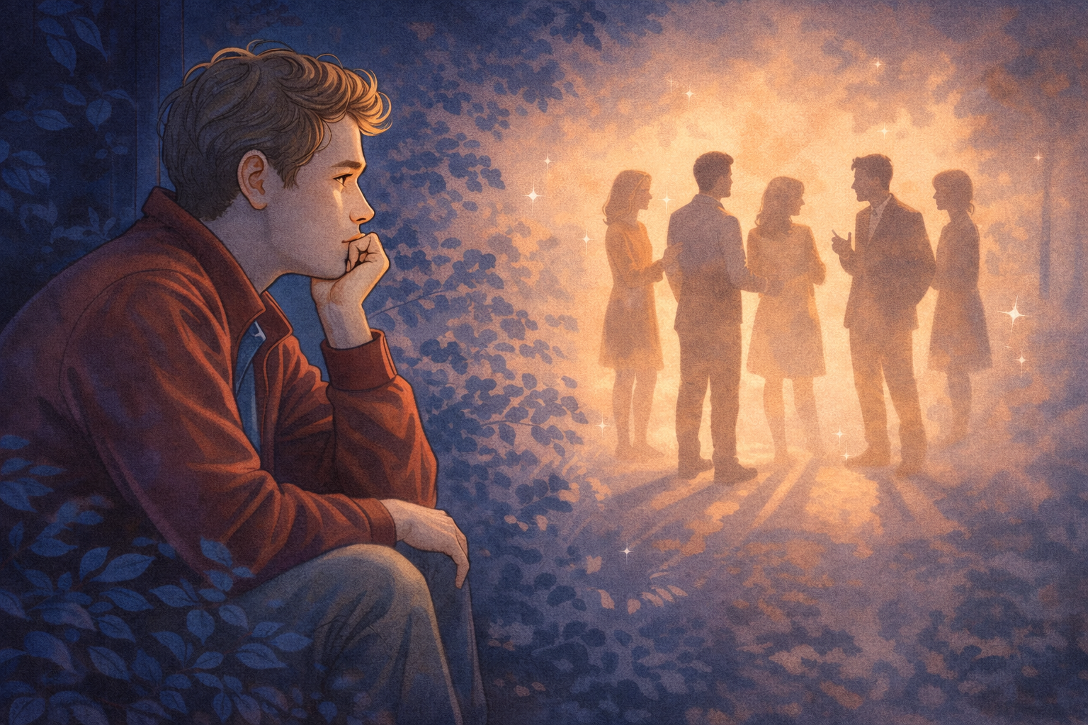 shy guy sitting and watching group talk